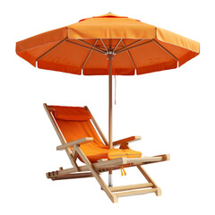 Beach lounge chair with umbrella on transparent background