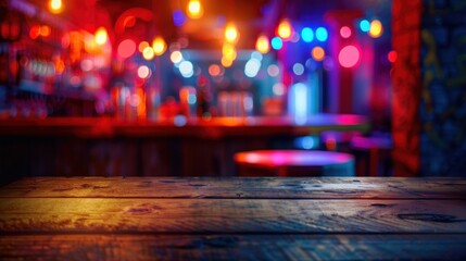 Empty Wooden Table in Colorful Bar with Defocused Lights