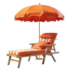 Orange Beach lounge chair with umbrella on transparent background