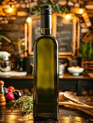 Bottle of olive oil standing on rustic kitchen countertop