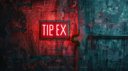 emergency exit sign on a wall Cement wall with neon light on dark background AI technology