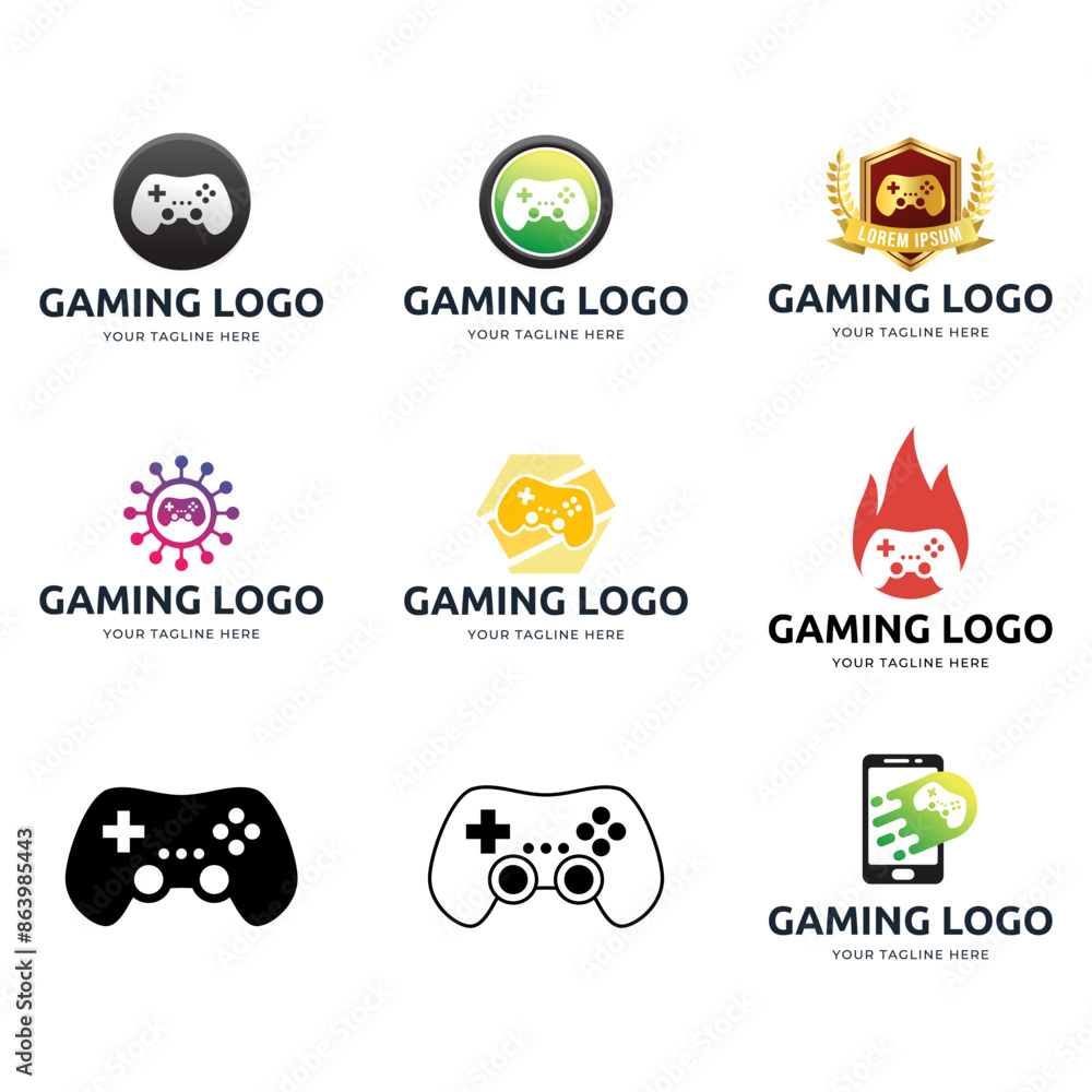 Poster set of game console and video games stick logo design template