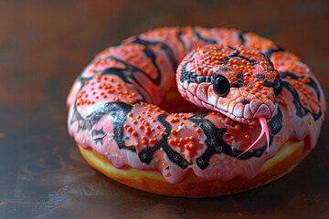 Delicious snake donut resting on wooden table