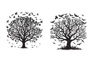 Obraz premium black bare scary tree silhouette and flock of flying bird create with AI technology 