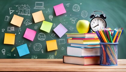 back to school background. colorful books and stationery on the wooden table