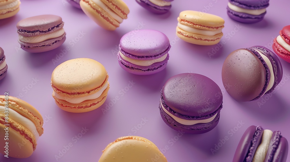 Poster a colorful and delicious array of macarons on a purple background.