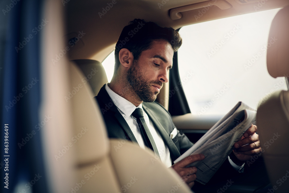 Poster Car ride, newspaper or businessman reading in taxi for travel, trip or commute in city. Transport, cab or entrepreneur checking news for job search information in chauffeur service on journey outdoor