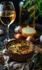 French onion soup with cheese and thyme on dark rustic background