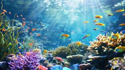 Vibrant underwater scene with colorful coral reef and various tropical fish swimming in clear blue water illuminated by sunlight.