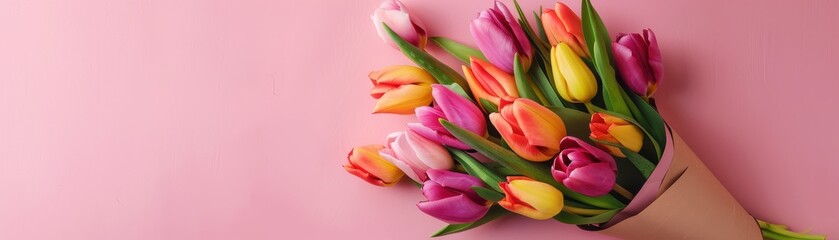 A bouquet of red tulips is wrapped in brown paper. The flowers are arranged in a way that they are all facing the same direction. The red color of the tulips and the brown paper create a warm. 