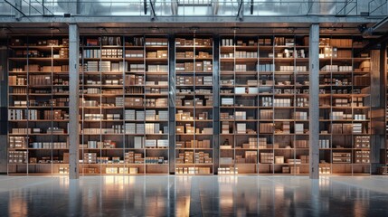 Large industrial storage shelves filled with various boxes and items in a spacious warehouse environment with ample lighting.