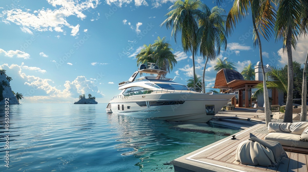 Wall mural luxury yacht parked at luxury home mansion in sea water.