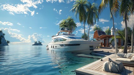 Luxury yacht parked at luxury home mansion in sea water.