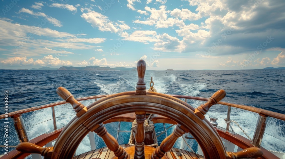 Wall mural deck view with ship wheel from a sailing ship with beautiful seascape.