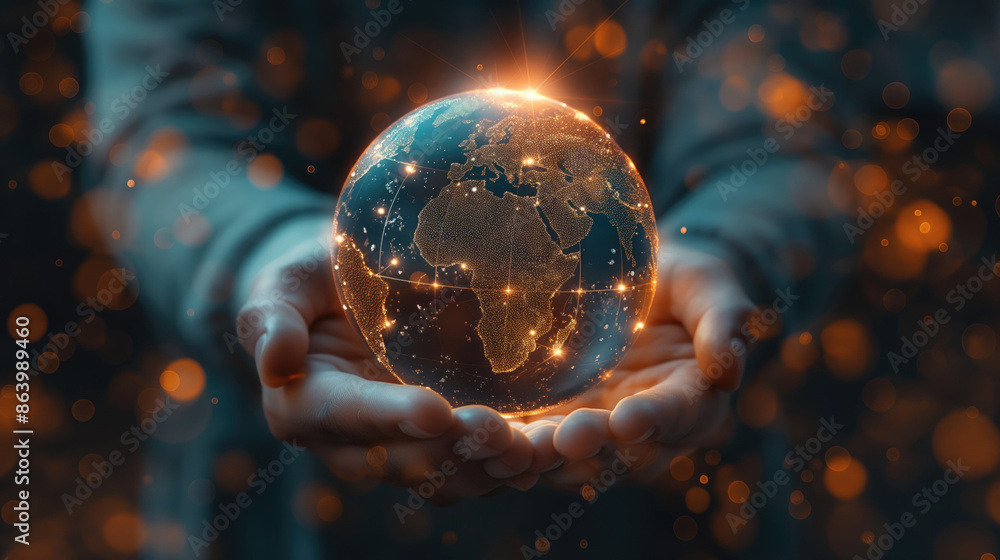 Poster hands holding a glowing digital globe with sparkling lights. symbolic image representing global conn