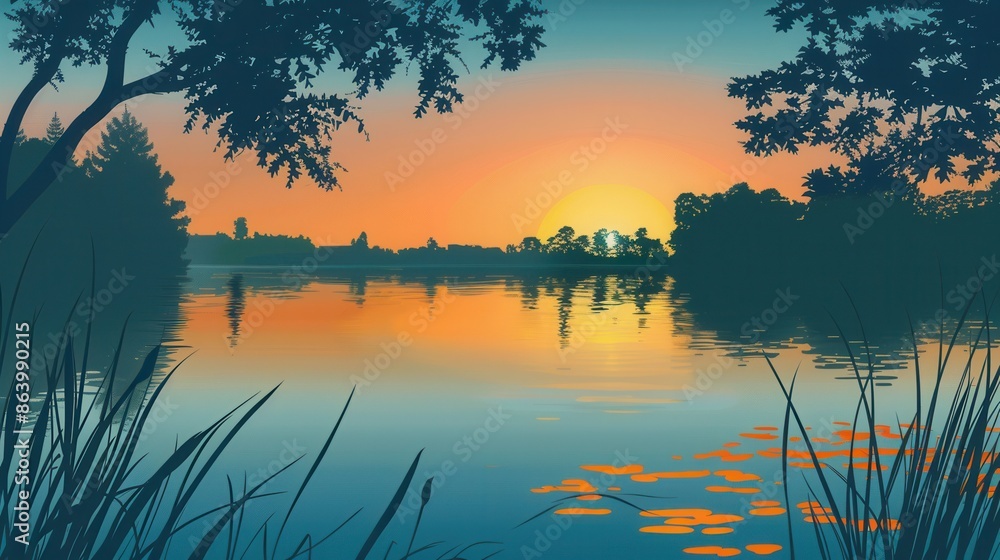 Poster a tranquil lake scene with the setting sun reflecting on the water. silhouetted trees line the lakes