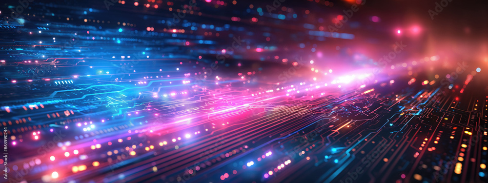 Poster futuristic circuit network background with glowing pathways. concept of cybernetic technology.