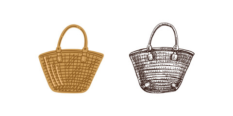 Hand-drawn colored and monochrome sketch of beach wicker bag. Summer accessory isolated on white background.