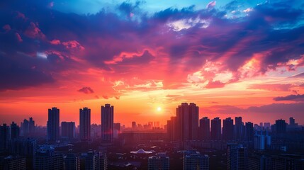 Fototapeta premium A vibrant sunset casts a warm glow over a cityscape, creating a dramatic and colorful sky.