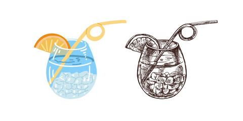 Hand-drawn colored and monochrome sketch of cocktail with straw, cocktail with ice and a piece of citrus. Vintage vector illustration of cocktail in glass isolated.