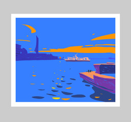 Naklejka premium Seascape. Ships are in the bay. Hand drawn vector art illustration. Poster minimalism cartoon creative style 