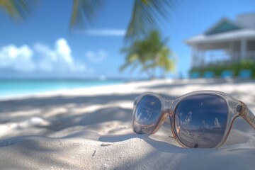 Sunglasses on the sand at a tropical beach, with a resort in the background. A summer vacation concept.