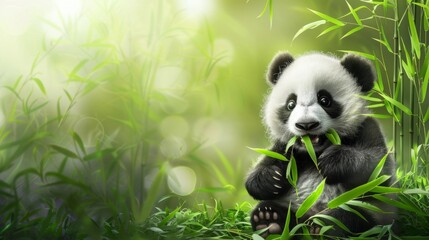 A cute panda with bamboo leaves in bamboo forest