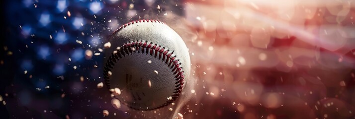 Baseball in Flight with a Blurred American Flag Background - A baseball in flight against a blurred American flag background.