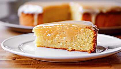 Slice of cake with caramel glaze on a plate.