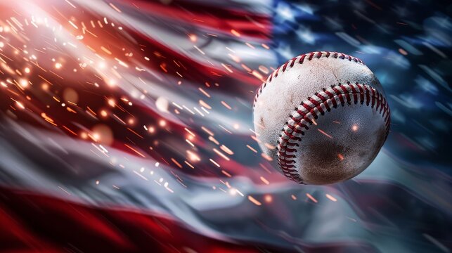 Baseball in Flight with Blurred American Flag Background - A baseball flies through the air, illuminated by sparks, with a blurred American flag in the background.