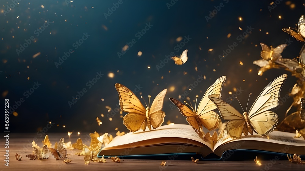 Poster wide banner design for headers with copy space section featuring butterflies and golden sparkles, re