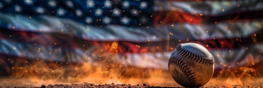 American Baseball with Flames and Flag Background - A baseball rests on a fiery background with a blurred American flag in the distance.