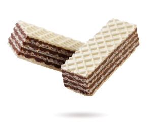 Sweet wafers flying close-up on a white background. Isolated