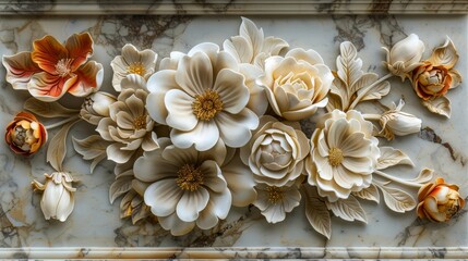 Fototapeta premium Intricate 3D floral arrangement carved into marble, featuring delicate white and orange blooms.