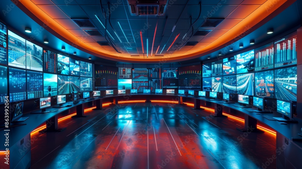 Poster a futuristic command center with multiple screens displaying data and information. the room is lit w