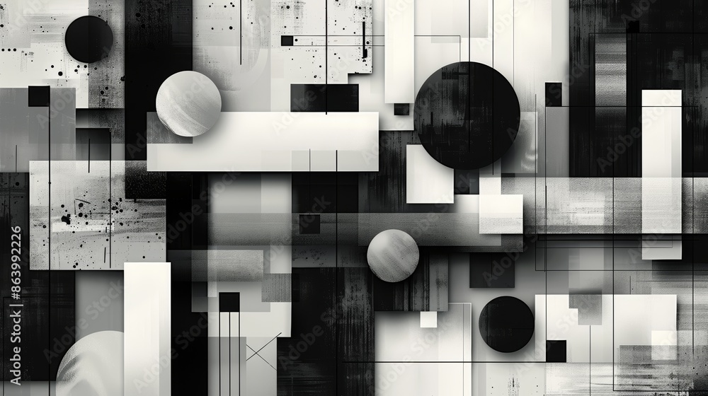 Poster abstract black and white geometric pattern with circles and squares.