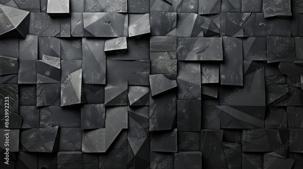 Poster abstract geometric pattern of black stone blocks, creating a textured background.