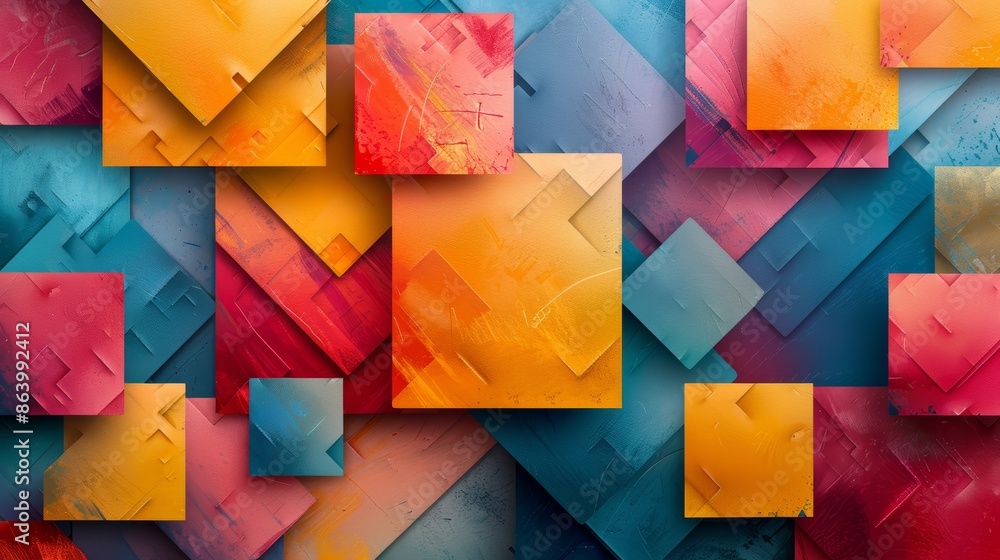 Poster Abstract background of colorful squares and rectangles in a layered, 3D style.