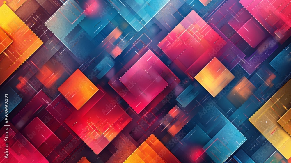 Poster abstract geometric pattern with colorful, overlapping squares and glowing lights.