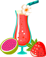 Cold tropical drinks -digital illustration(composition) of a glass goblet with a cooling cocktail and fruit.Summer vibe -a modern type of printing art in a flat style for sales,posters,advertising