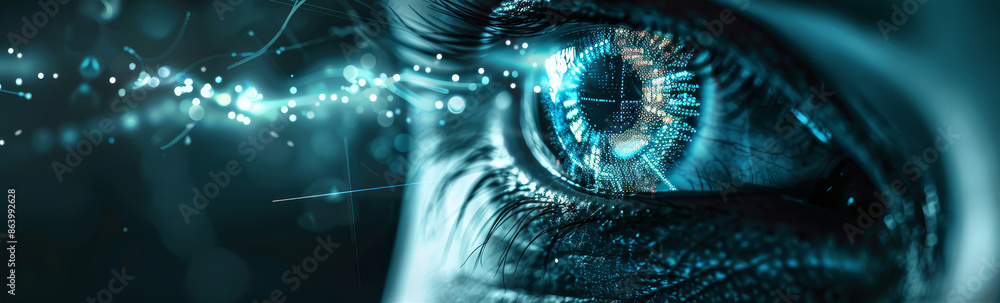 Poster digital eye: a close-up view of a human eye with digital patterns - a close-up of a human eye with d