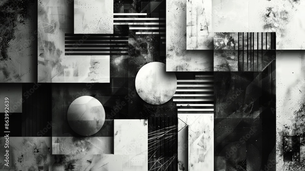 Poster abstract geometric pattern in black and white with a textured background. the pattern features circl