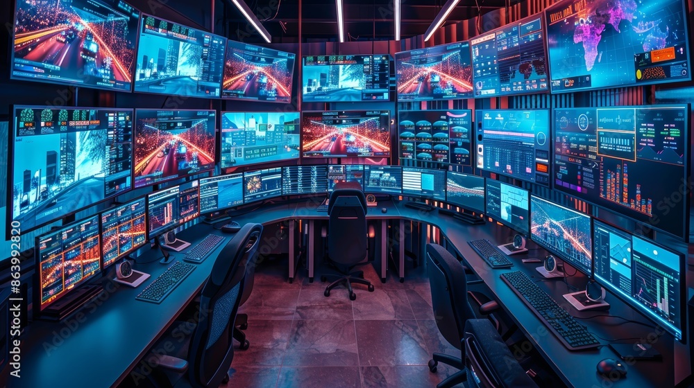 Aufkleber a futuristic control room with multiple screens displaying data and graphs. the room is illuminated 