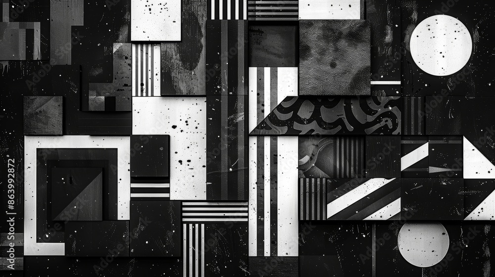 Poster abstract geometric pattern in black and white with a variety of shapes and textures.