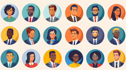 Fototapeta premium A collection of cartoon faces with a variety of different characters. Headshots of men and women of different races, and people in business attire. Circle icons. Flat design style.