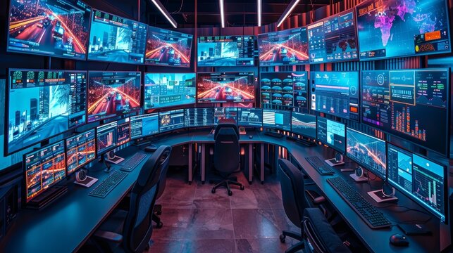 A futuristic control room with multiple screens displaying data and graphs.  The room is illuminated with blue and red lights.