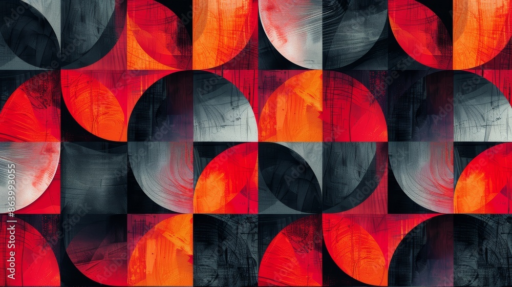 Poster abstract geometric pattern with red, orange, gray, and black colors in a repeating circular and squa