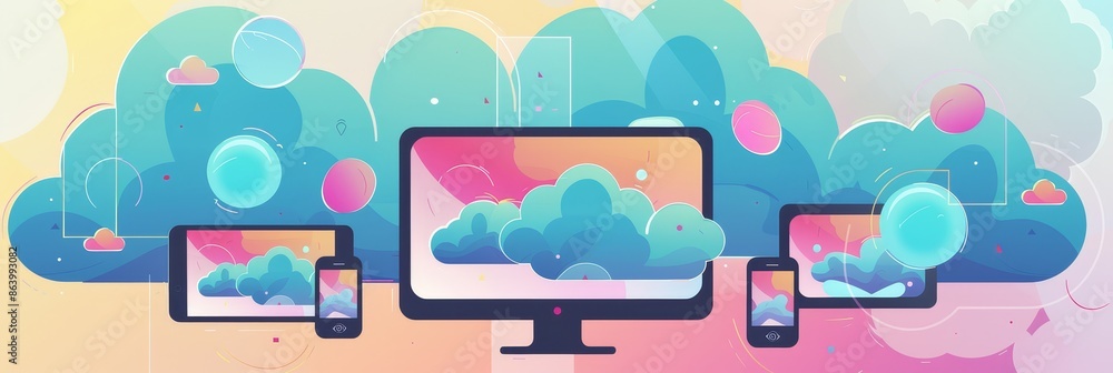 Poster cloud computing: connected devices and digital landscape - a colorful illustration depicting various