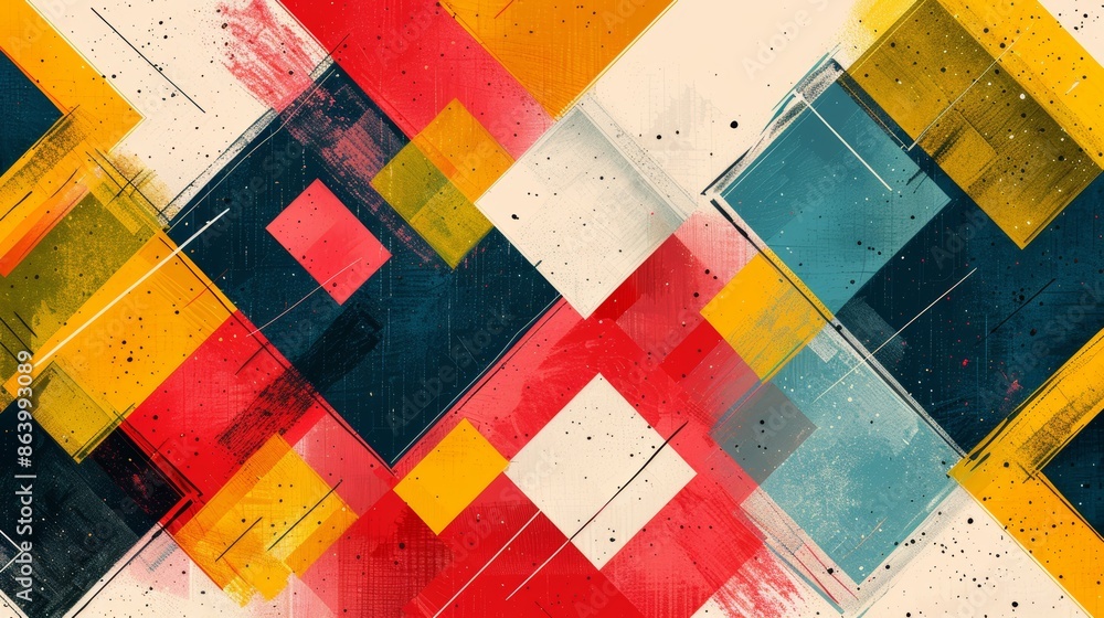 Poster abstract geometric pattern with vibrant colors and textures. diagonal lines and squares create a dyn