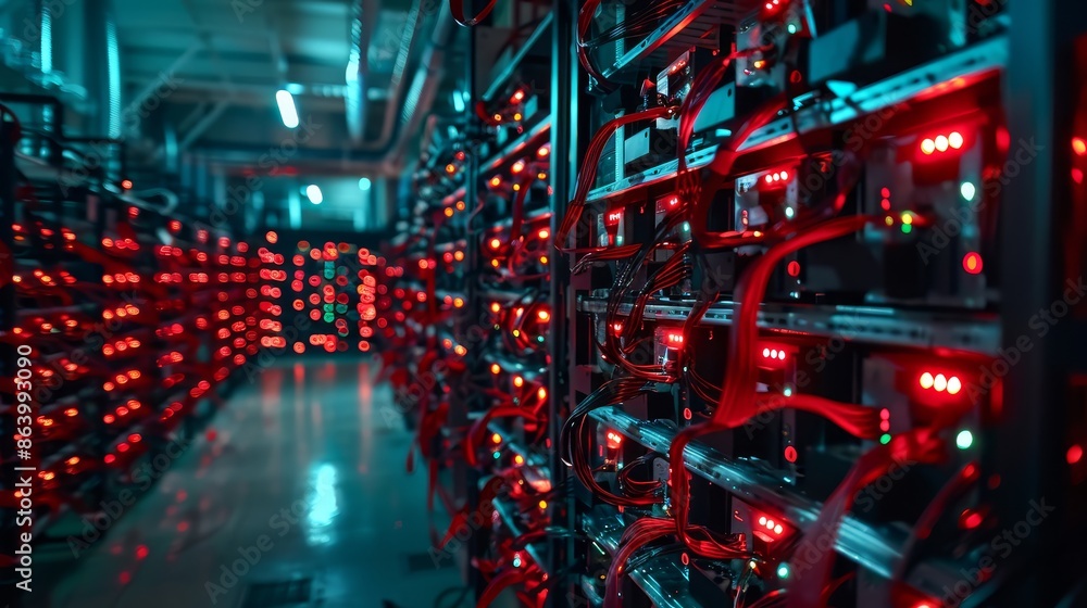 Poster server room with red lights and cables - a close-up view of server racks with red lights and cables 